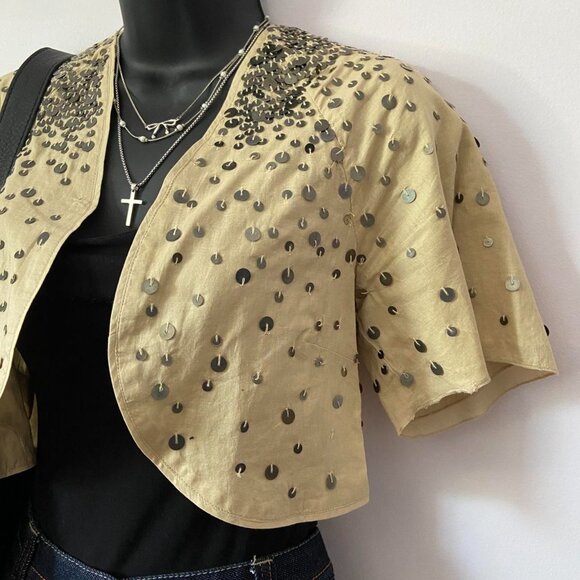 y2k 2000s vintage GAP tan cotton eclectic fairy shrug w metal sequins - Picture 3 of 8